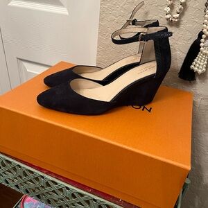 Cole Haan Black Ankle Strap Wedges Suede